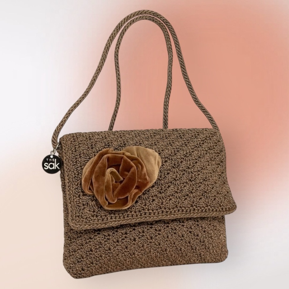 The Sak Tan Raffia Small Crossbody Bag with Velvet Floral Rose